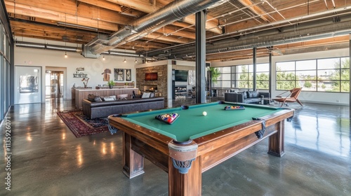 Spacious loft apartment common area with pool table, couches, and high ceilings.