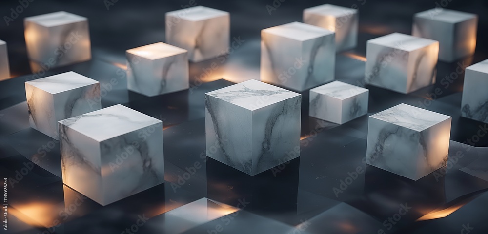 A sophisticated 3D render of geometric blocks with marble textures, arranged in a minimalist pattern on a dark background with soft lighting. A sophisticated 3D render of geometric blocks with marble textures, arranged in a minimalist pattern on a dark background with soft lighting.