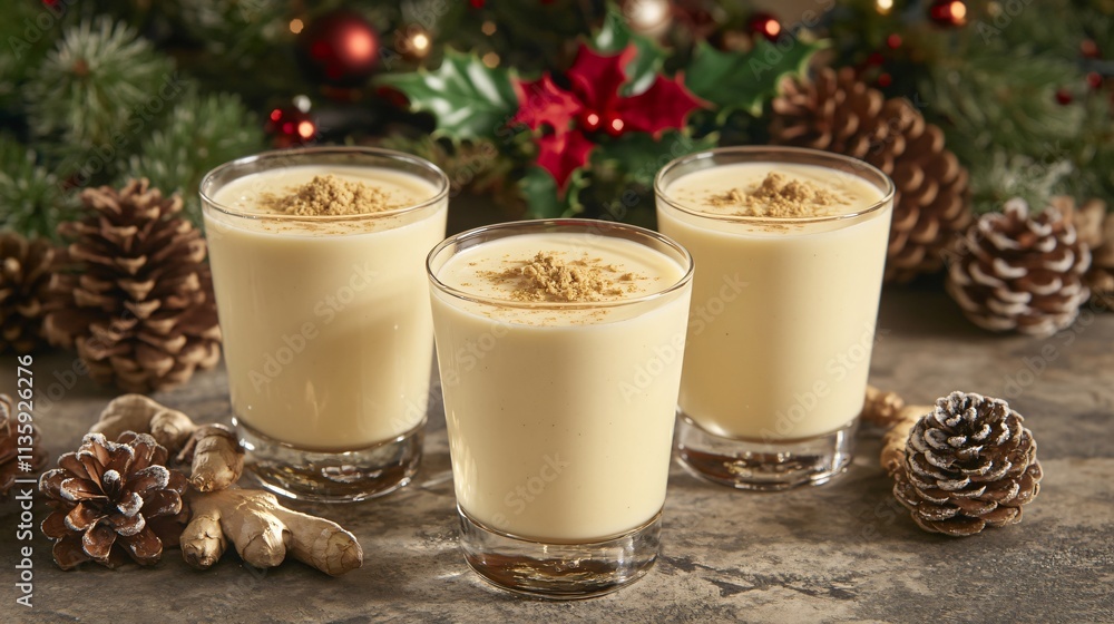 Three Creamy Eggnog Drinks Festive Christmas Setting Three Creamy Eggnog Drinks Festive Christmas Setting