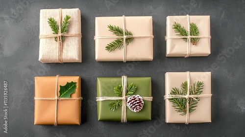 Beautifully Wrapped Holiday Gifts with Pine and Holly Accents