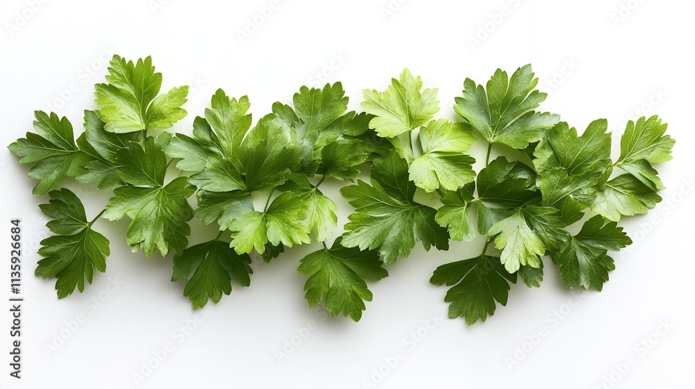 Close-up shot of vibrant green parsley sprigs arranged elegantly against a white background. Close-up shot of vibrant green parsley sprigs arranged elegantly against a white background.