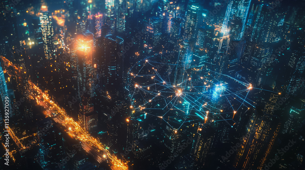 Obraz premium Smart digital Innovation city with connection network reciprocity over the cityscape. of future smart wireless digital city and social media networking systems that connects people with in city