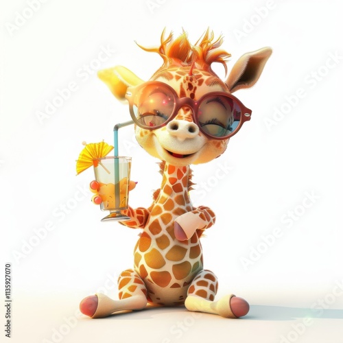 The 3D giraffe’s happiness shines through as it holds a glass of bright, colorful cocktail, enhancing the lively and cheerful vibe of the scene.