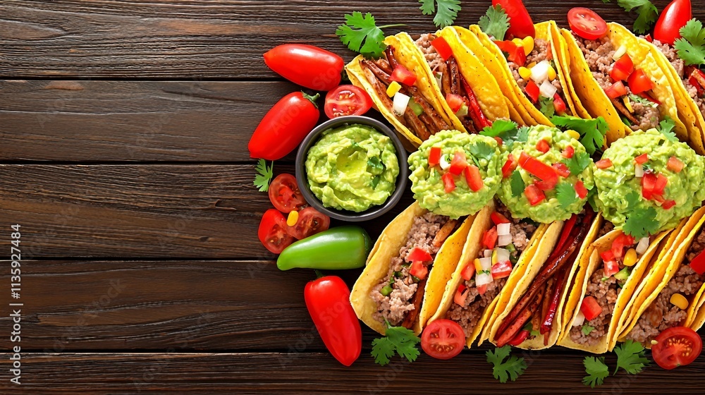 Delicious Tacos with Fresh Ingredients and Guacamole on Wooden Table Delicious Tacos with Fresh Ingredients and Guacamole on Wooden Table