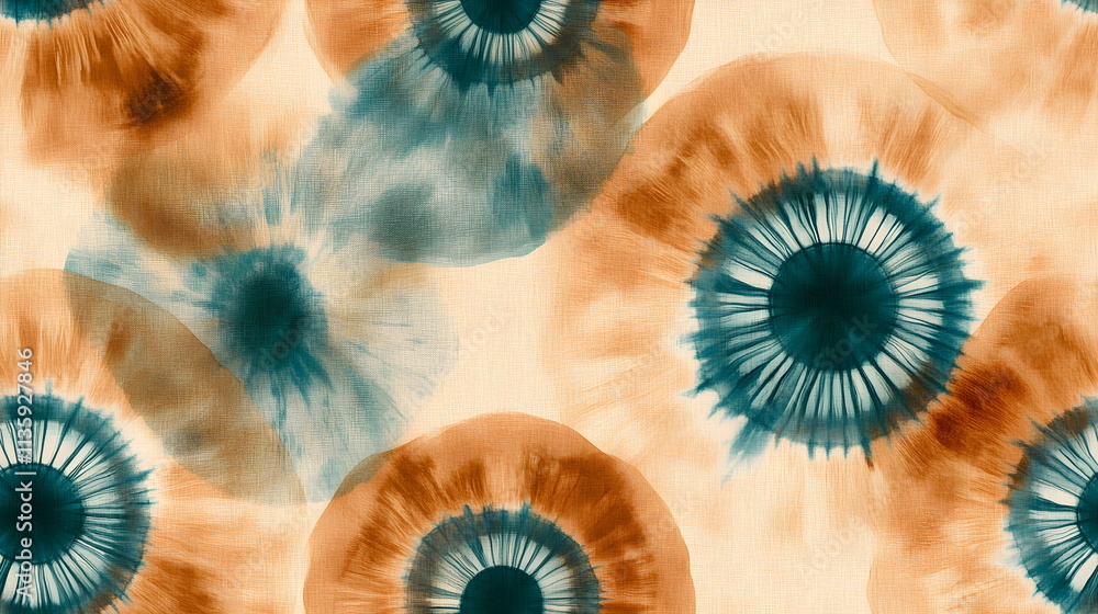 Obraz premium Abstract hippie background with colorful turquoise and yellow orange circles isolated. Seamless kaleidoscopic tie-dye pattern in shibori style. Watercolor paint abstract texture. Psychedelic print.