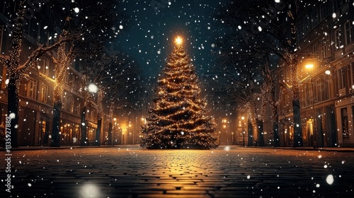 Christmas tree with festive lights in snowy street	