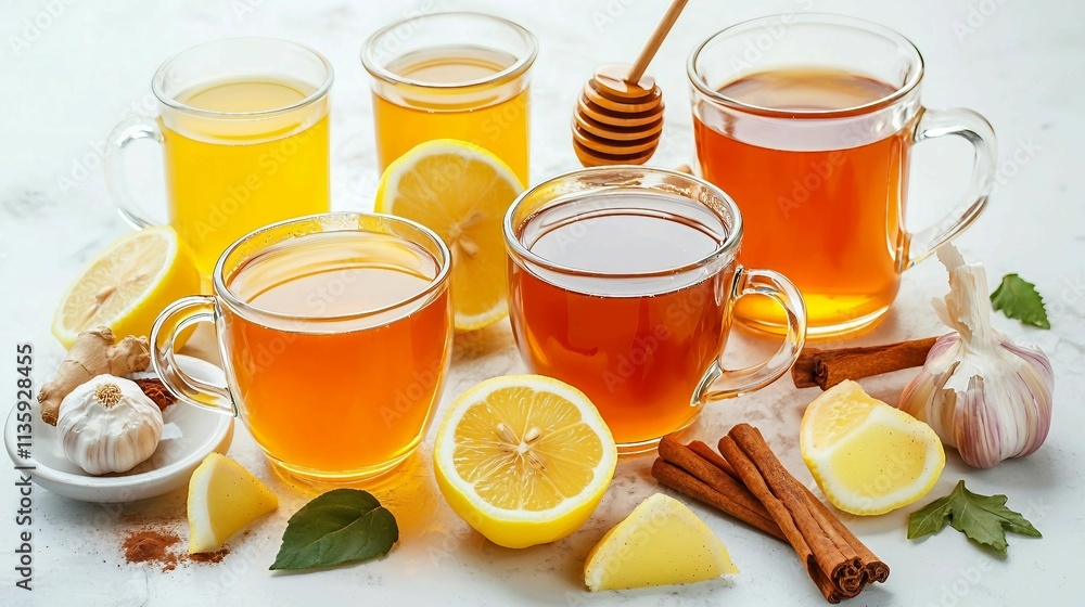 Assorted Herbal Teas with Fresh Lemons and Herbal Ingredients Assorted Herbal Teas with Fresh Lemons and Herbal Ingredients