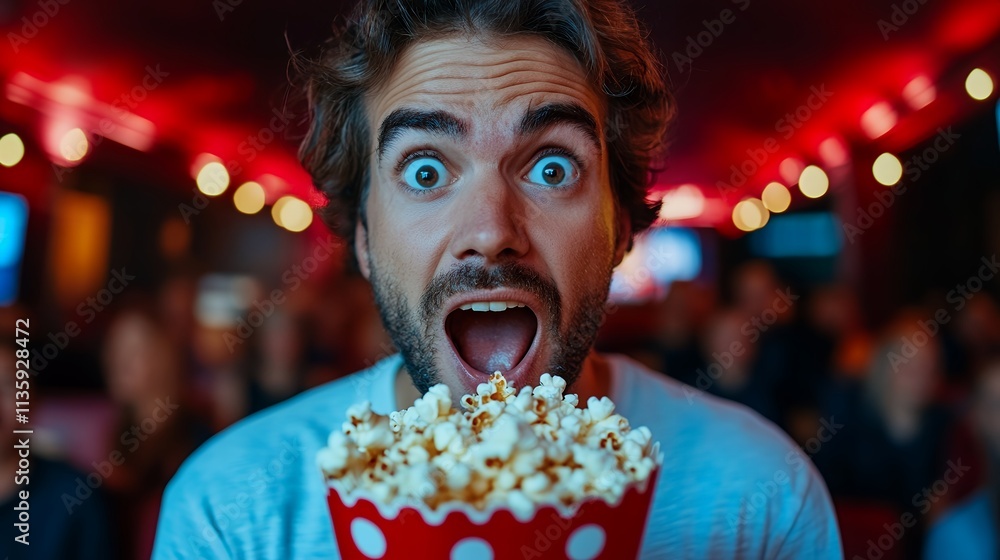 Fototapeta premium A man with a surprised expression eating popcorn while watching a movie in a cinema. The atmosphere is exciting.