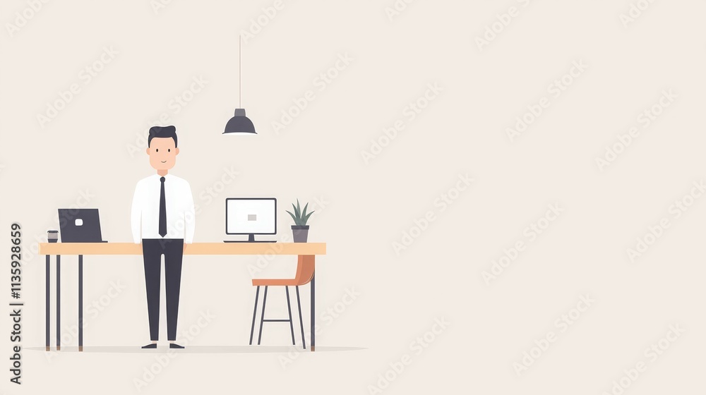 Obraz premium A minimalist office scene featuring a man standing at a desk with a laptop and a plant.
