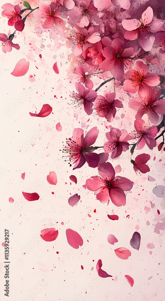 Cherry blossom petals falling in the air, pink cherry blossoms flying around, pink watercolor floral background Cherry blossom petals falling in the air, pink cherry blossoms flying around, pink watercolor floral background
