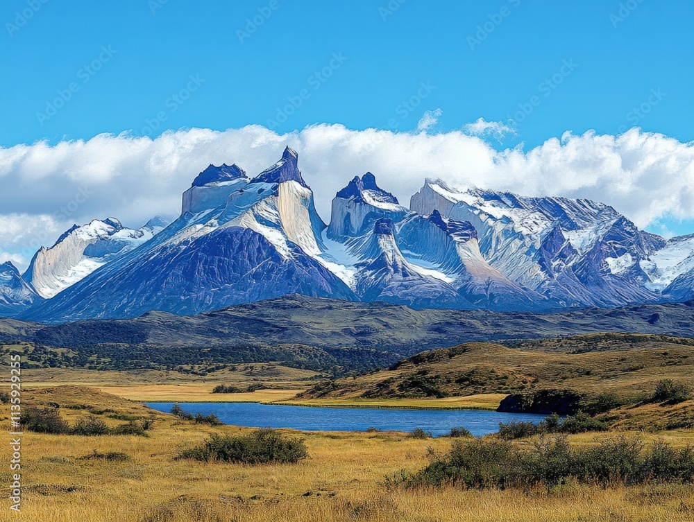 Naklejka premium mountain peaks and a lake under a blue sky