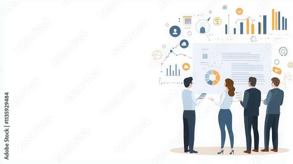 Fototapeta premium Business team analyzing data on a presentation board with graphs and charts.