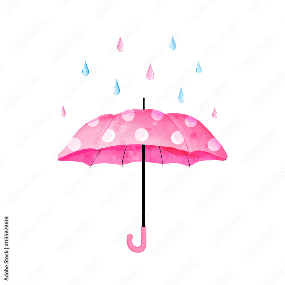 Cute pink polka dot umbrella under raindrops. Vector illustration of parasol in watercolor style Cute pink polka dot umbrella under raindrops. Vector illustration of parasol in watercolor style