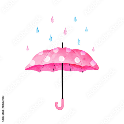 Cute pink polka dot umbrella under raindrops. Vector illustration of parasol in watercolor style