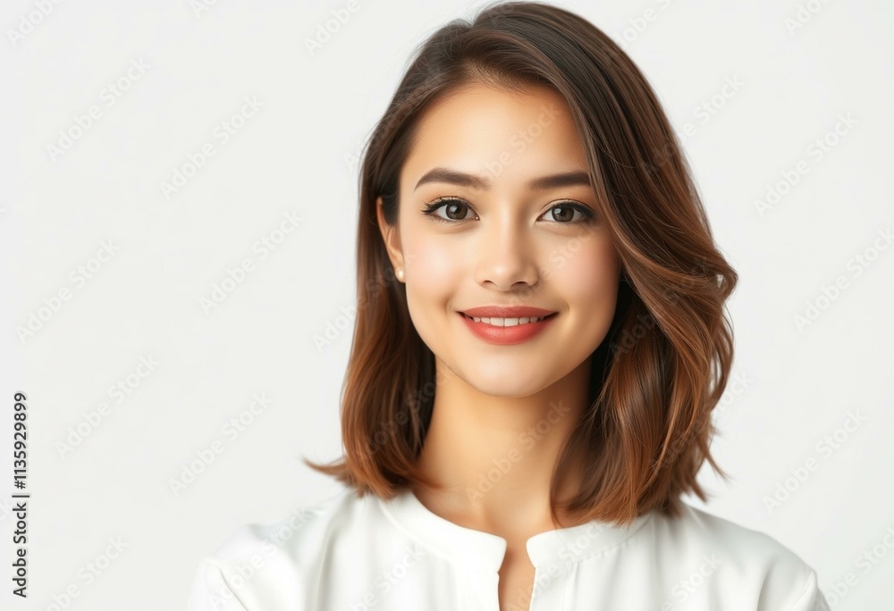 A serene and elegant portrait of a young woman with a subtle smile. A serene and elegant portrait of a young woman with a subtle smile.