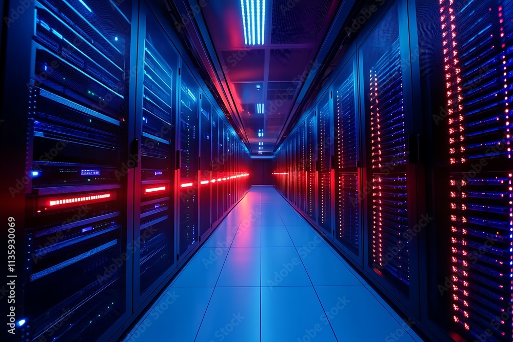 Modern Data Center Corridor with Red and Blue Lighting. Concept of Technology, Server Room, and Digital Infrastructure. Modern Data Center Corridor with Red and Blue Lighting. Concept of Technology, Server Room, and Digital Infrastructure.