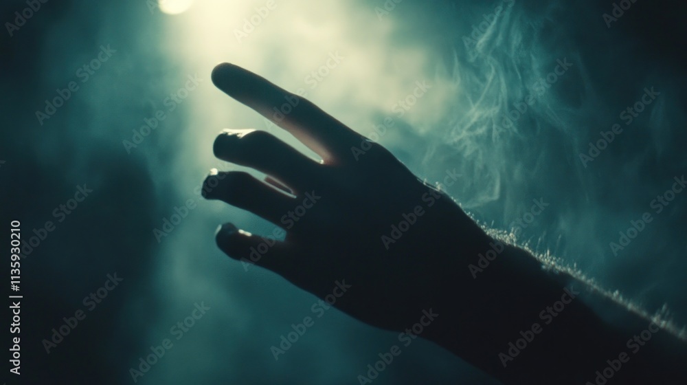 Hand reaching out in smoky, dark environment. Hand reaching out in smoky, dark environment.