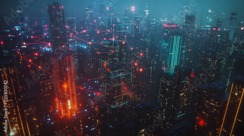 Smart digital Innovation city with connection network reciprocity over the cityscape. of future smart wireless digital city and social media networking systems that connects people with in city