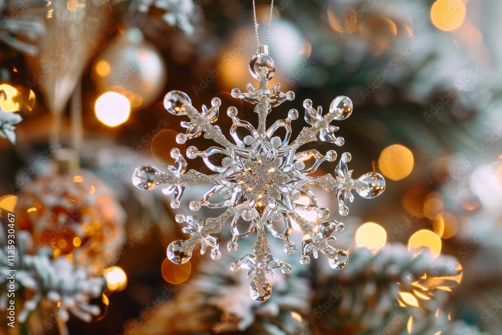 A close-up of a sparkly glass snowflake ornament hanging on a Christmas tree, A delicate glass ornament in the shape of a snowflake with intricate details and a sparkling finish A close-up of a sparkly glass snowflake ornament hanging on a Christmas tree, A delicate glass ornament in the shape of a snowflake with intricate details and a sparkling finish