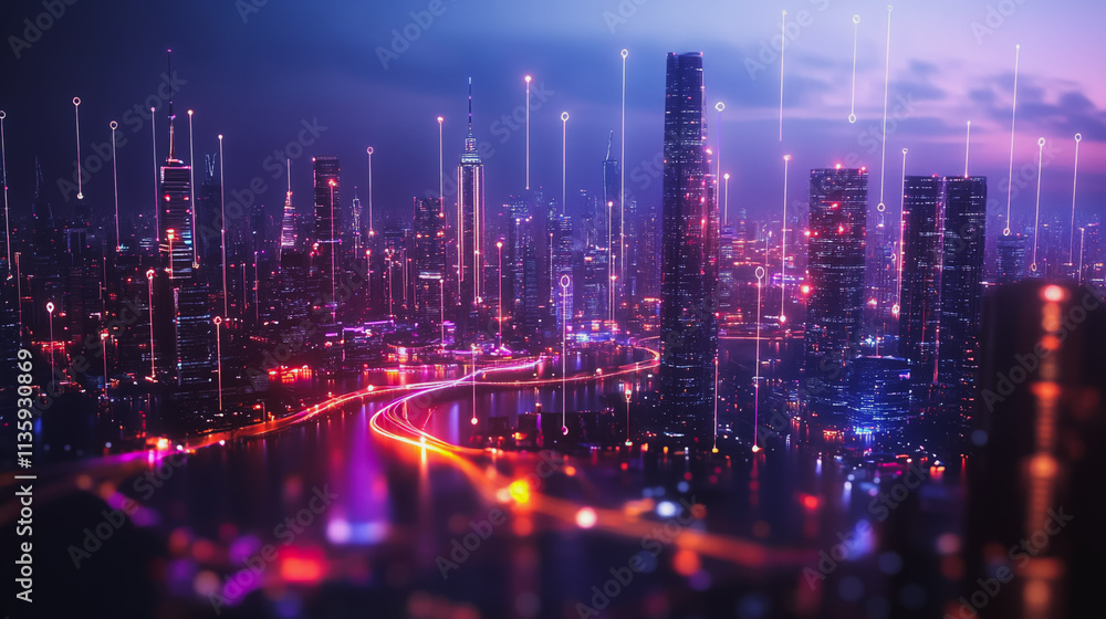 Smart digital Innovation city with connection network reciprocity over the cityscape. of future smart wireless digital city and social media networking systems that connects people with in city Smart digital Innovation city with connection network reciprocity over the cityscape. of future smart wireless digital city and social media networking systems that connects people with in city