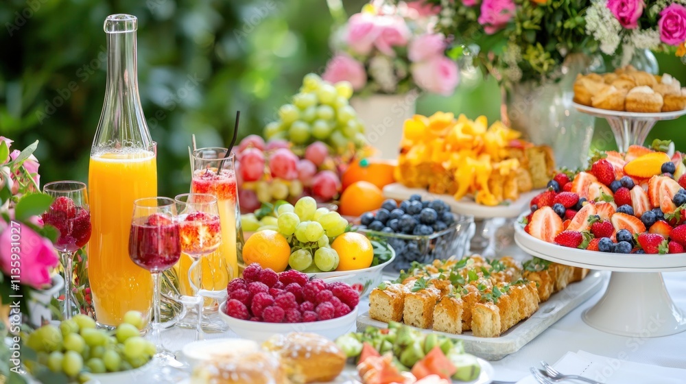 A colorful spread of fruits, pastries, and drinks arranged for a Mother's Day brunch. A colorful spread of fruits, pastries, and drinks arranged for a Mother's Day brunch.