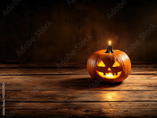 a lit jack o'lantern on a wooden surface photo