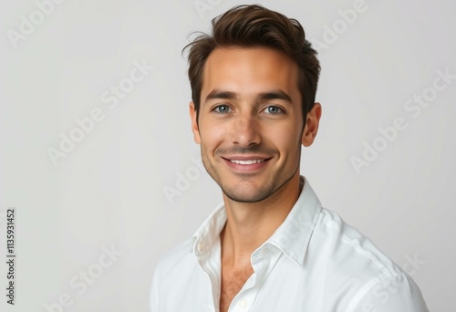 Half-length portrait of a 30-year-old male with a neutral expression