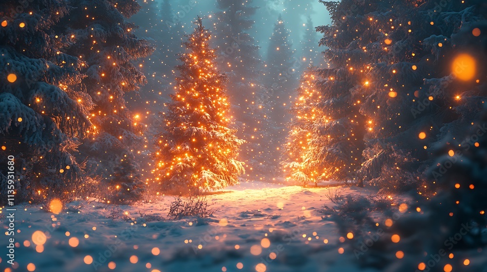 Naklejka premium A breathtaking winter forest blanketed in fresh snow, pine trees shimmering with colorful fairy lights, the moonlight creating soft shadows on the ground, snow gently falling,