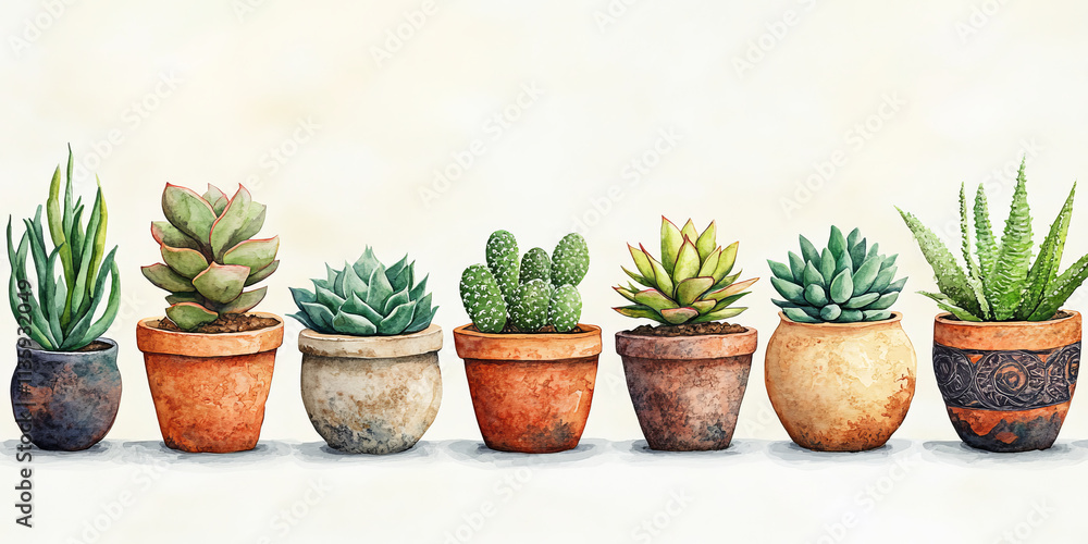 Fototapeta premium row of potted succulents in watercolor art style