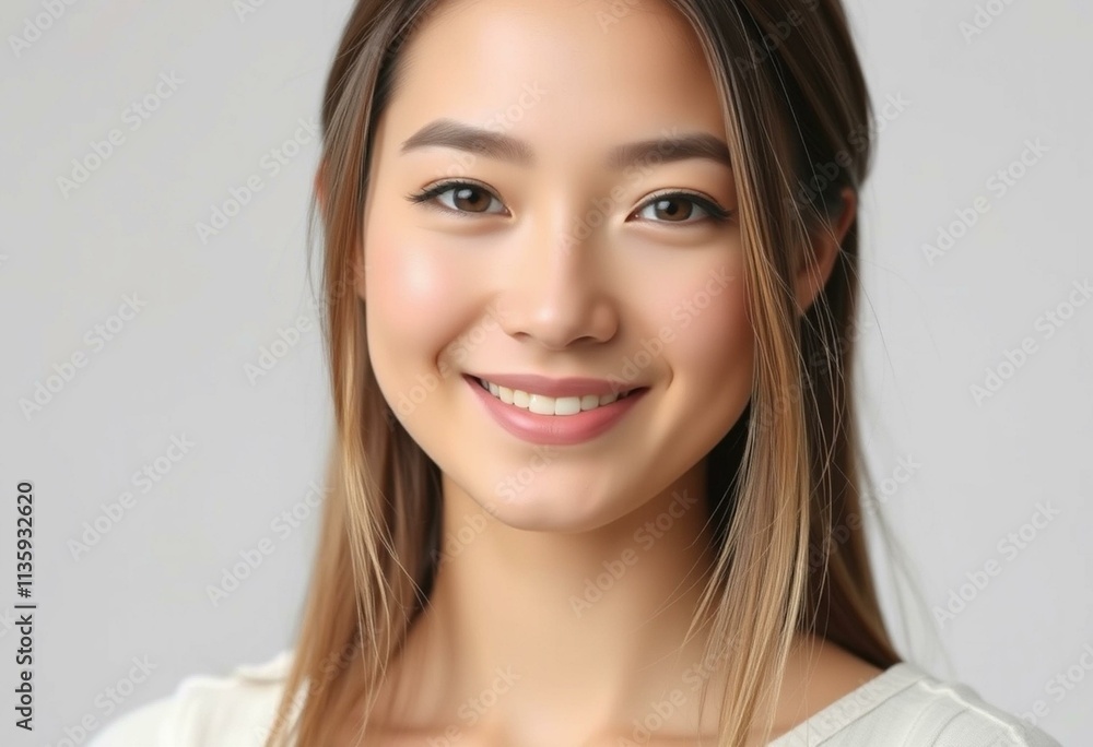 A half-length portrait of a young woman with a gentle smile