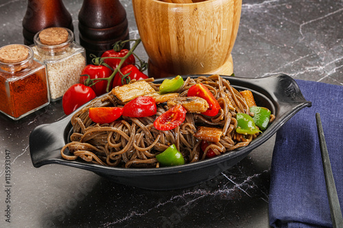 Buckwheat Soba with eel and vegetavles photo