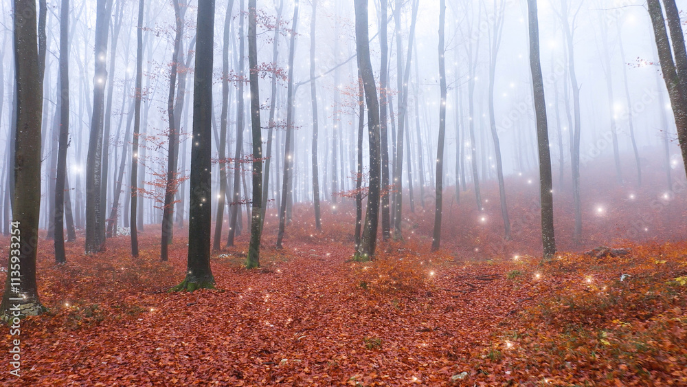 Obraz premium Glowing fireflies in autumn foggy forest landscape. 