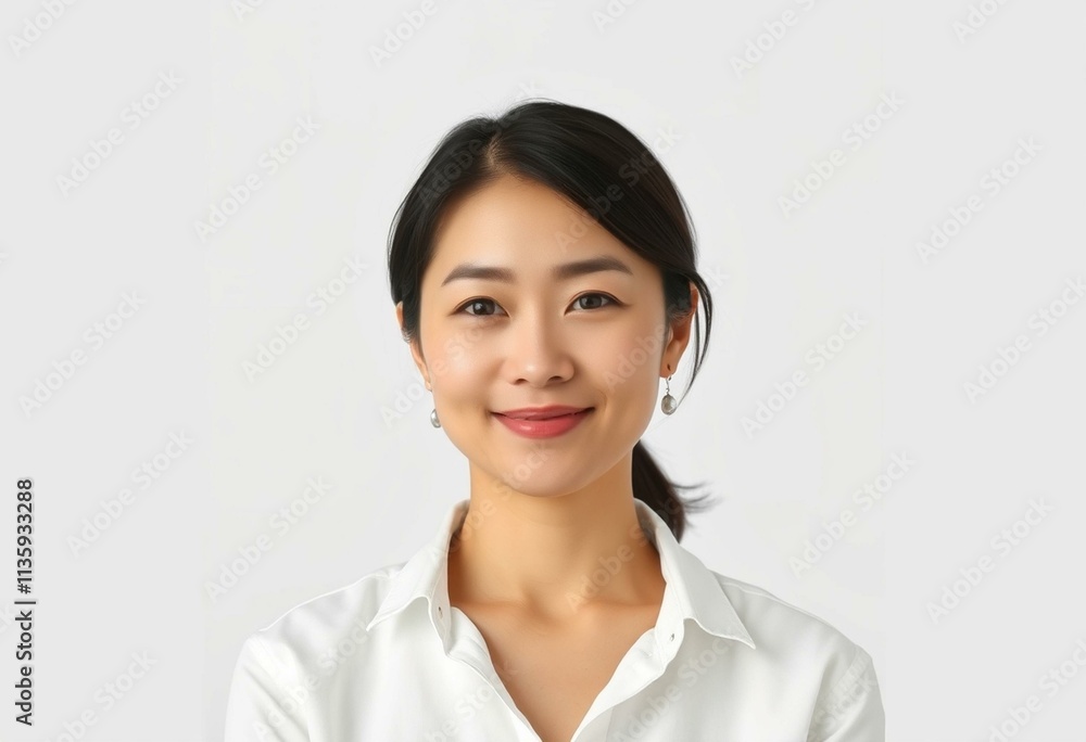 Half-length portrait of a 30-year-old Asian woman with a neutral expression Half-length portrait of a 30-year-old Asian woman with a neutral expression