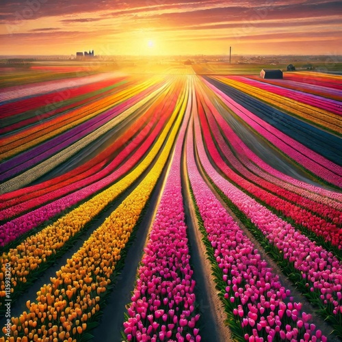 Colorful tulip landscape in Flevoland’s reclaimed land, with scenic routes in the Netherlands photo