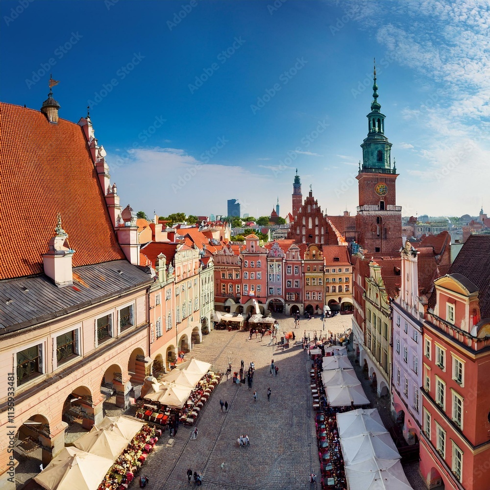 Obraz premium Generated image A panoramic view of the Old Market Square in Poznan during a bustling summer day