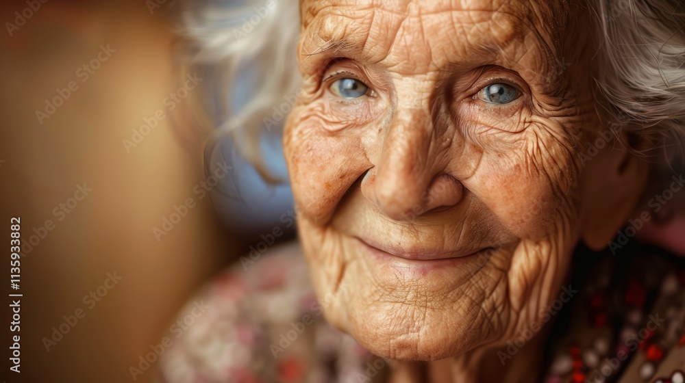 An elderly woman with gray hair and blue eyes smiles gently at the camera. An elderly woman with gray hair and blue eyes smiles gently at the camera.