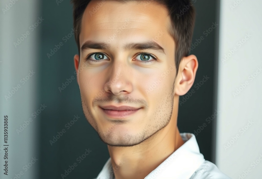 Fototapeta premium A calm and professional half-length portrait of a 25-year-old male with a neutral expression.