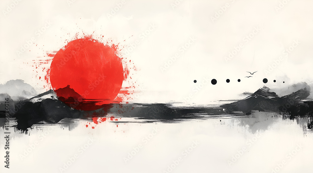 3D Red Sun And Ink Continue 1645 Wall Murals