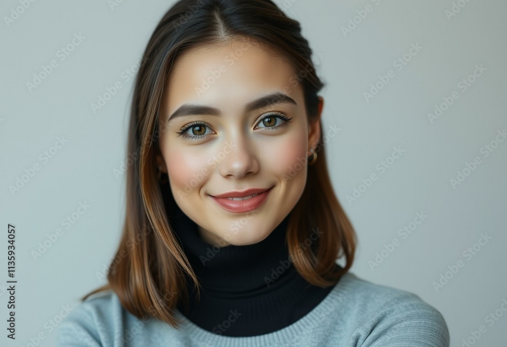 Realistic half-length portrait of a young woman with a gentle smile Realistic half-length portrait of a young woman with a gentle smile