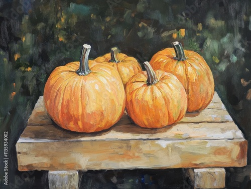 four orange pumpkins sitting on a wooden platform outdoors photo