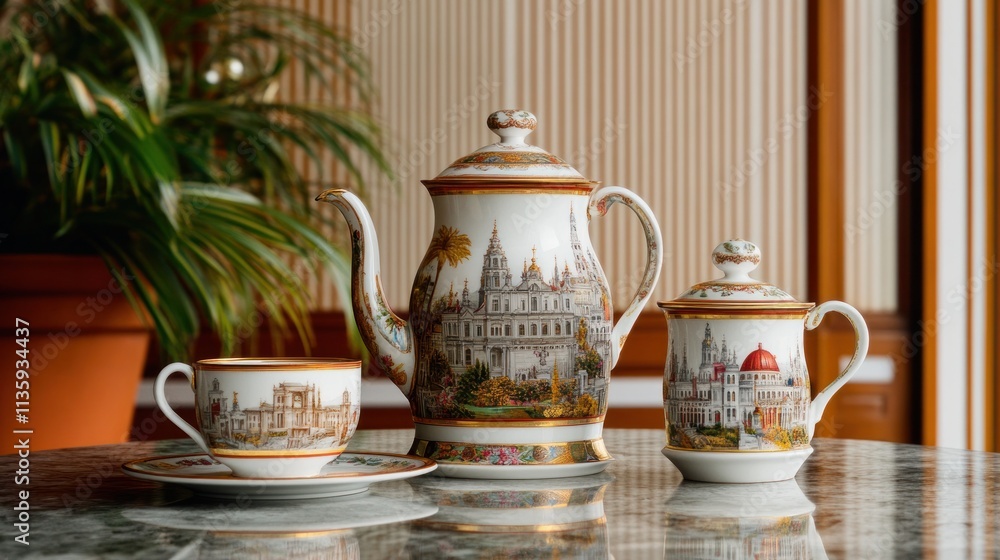 Elegant porcelain tea set with city scene design on a table. Elegant porcelain tea set with city scene design on a table.