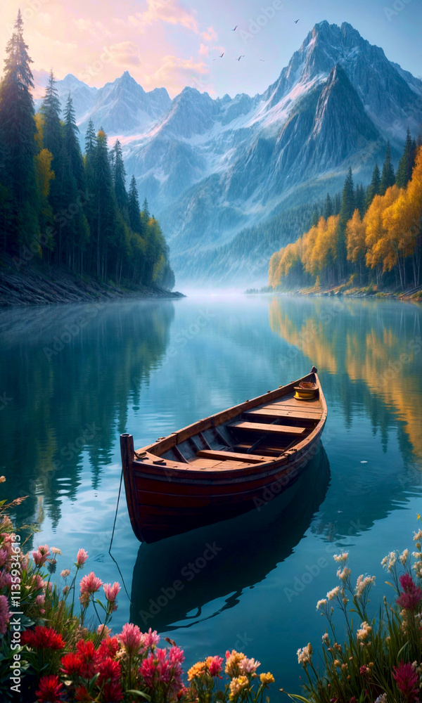 Serene Mountain Lake with Wooden Rowboat at Sunrise Serene Mountain Lake with Wooden Rowboat at Sunrise