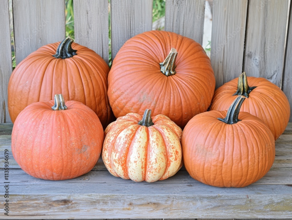 a group of pumpkins on a wooden bench a group of pumpkins on a wooden bench