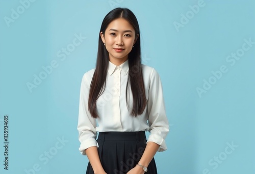 Half-length portrait of an Asian female with a neutral expression