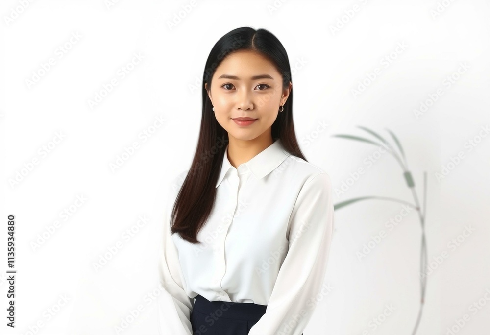 Half-length portrait of a 30-year-old Asian woman with a neutral expression Half-length portrait of a 30-year-old Asian woman with a neutral expression
