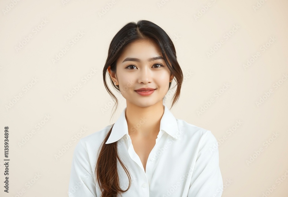 A calm and serene half-length portrait of a young woman A calm and serene half-length portrait of a young woman