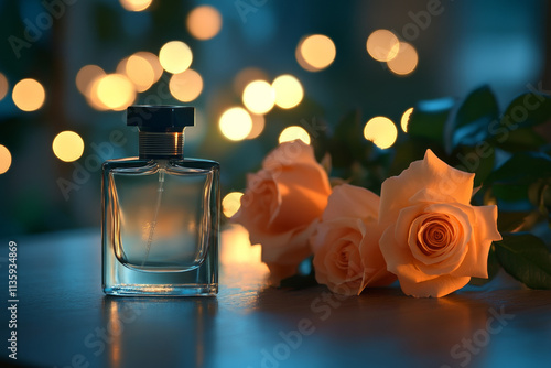 Chic Perfume Bottle with Soft Pink Roses as a Floral Background