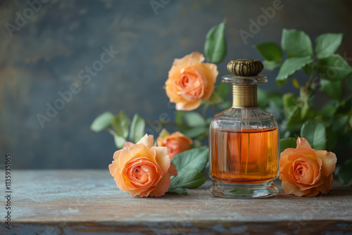 Bottle of perfume with beautiful roses on table 
