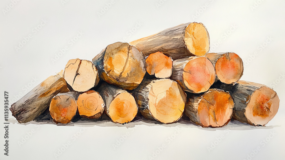Watercolor painting of firewood pile with logs Watercolor painting of firewood pile with logs