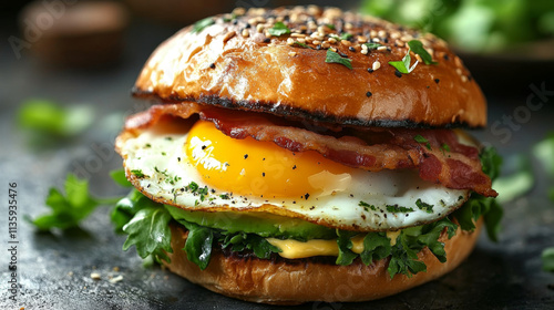 Breakfast burger with fried egg and avocado, cheese and bacon 